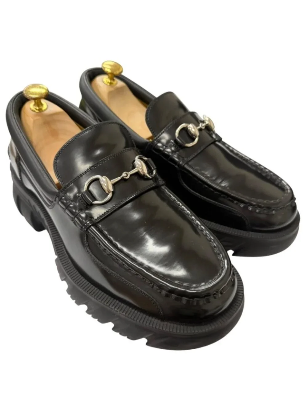 Gucci Leather Horsebit Silver Thick Sole Loafers Black 7.5